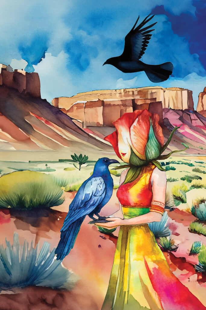 contemplative art featuring a woman with an oversized rosebud replacing her head walking in the high desert with a raven standing in her hands and flying above her head