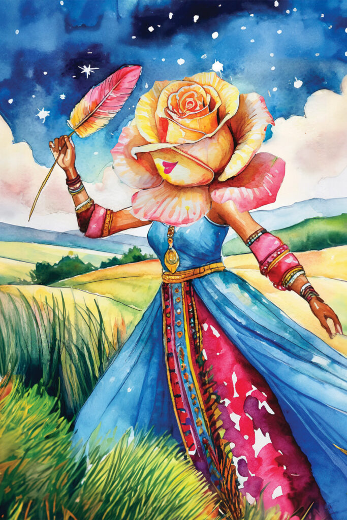 contemplative art featuring a gypsy woman with a rosebud head walking in the tall grass with a pink feather in her hand